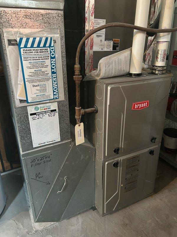 Completed annual heating maintenance visit under preventative agreement covering one furnace and one gas fireplace. Performed comprehensive tune-up on Bryant furnace system located in mechanical room, including full inspection of air handler, heat exchanger, and all operational components. Identified and replaced dirty air filter with proper 20x25x4 size filter to restore optimal airflow and system efficiency. Inspected gas fireplace insert with decorative log set and stainless steel surround, confirming proper operation and venting. All systems tested and found operating within normal parameters with no safety concerns or repair needs identified.