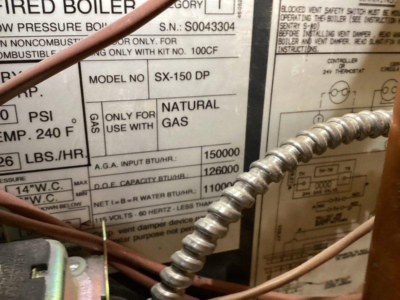 Completed annual cooling and heating maintenance agreement visit including inspection of gas furnace, boiler, and additional furnace. During the cooling system evaluation, identified a failing capacitor affecting system performance. Replaced the defective capacitor with a Totaline P291-0754 7.5MFD 370-440VAC rated capacitor. Performed comprehensive heating system inspection on SX-150 DP fired boiler rated at 150,000 BTU/HR input capacity. All systems tested and confirmed operational after capacitor replacement.