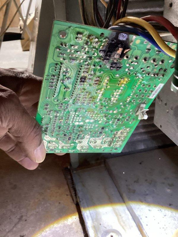 Responded to no heat call on residential furnace system. Upon arrival, confirmed unit was not operational and conducted diagnostic inspection. Identified failed control board with visible thermal damage and burn marks on primary relay component. Removed defective circuit board and installed replacement control board. Reconnected all wiring harnesses, verified proper electrical connections, and tested system operation. Unit successfully restored to normal heating operation with all safety controls functioning properly.
