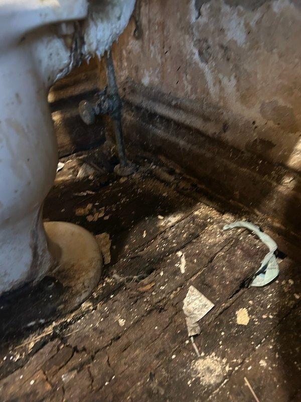 Responded to emergency water leak call involving deteriorated toilet causing extensive water damage to bathroom flooring and subfloor structure. Upon inspection, found very old toilet with active leak that had been present for extended period, resulting in severe moisture damage to wooden floor, subflooring, and adjacent crawl space area. Documented extensive deterioration including heavily stained flooring, compromised structural wood members, and water infiltration beneath bathroom. Assessed damage and provided recommendations for necessary repairs including toilet replacement and floor reconstruction. Waived diagnostic fee due to customer circumstances.