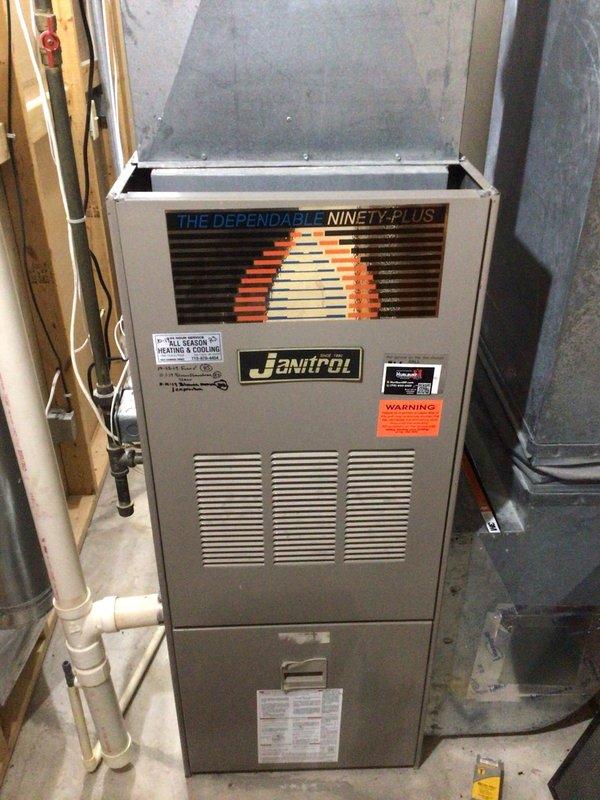 Completed comprehensive furnace tune-up on Janitrol Dependable Ninety Plus high-efficiency unit. During routine maintenance inspection, identified failed blower capacitor affecting system operation. Replaced defective blower capacitor with new component and verified proper blower motor function and airflow upon completion.