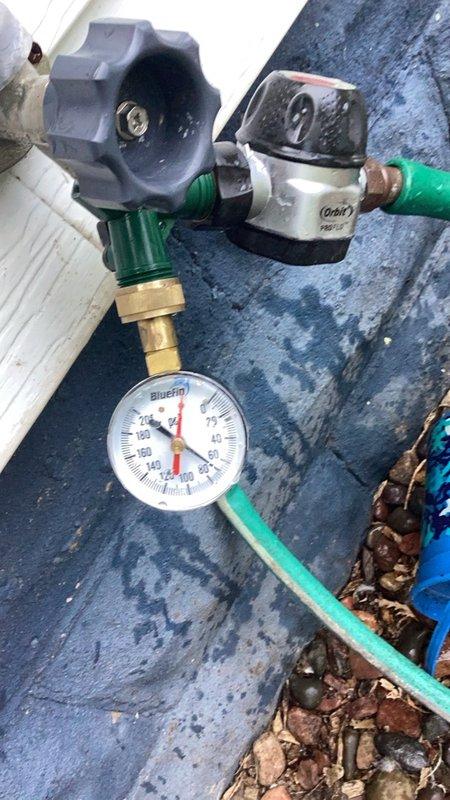 Installed a pressure reducing valve assembly to regulate and maintain safe system water pressure throughout the plumbing system. The installation included a BlueFin pressure gauge with brass fittings and compression connectors, mounted with appropriate shut-off valves for system control and maintenance access. All connections were secured using proper copper piping and brass fittings to ensure leak-free operation and accurate pressure monitoring.
