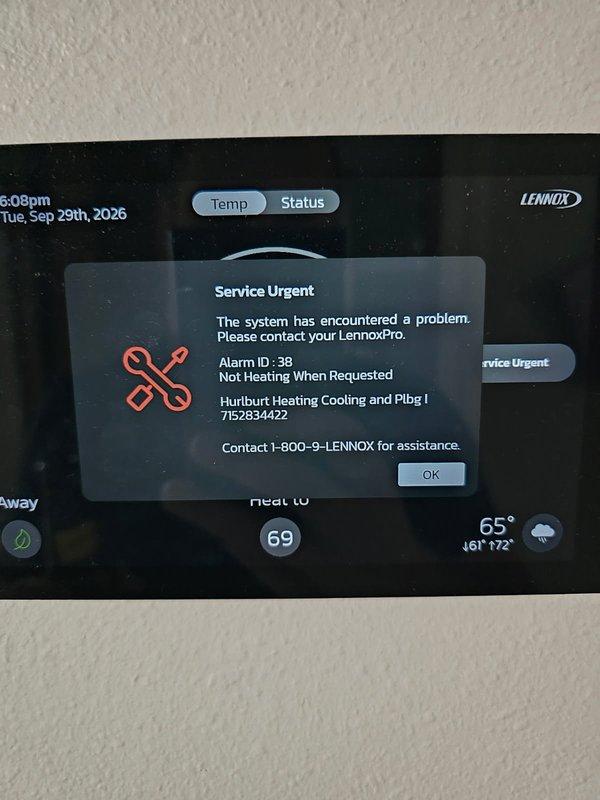 Responded to urgent no heat/no cooling call on approximately one-year-old Lennox system. Found thermostat displaying Alarm ID 38 "Not Heating When Requested" error and loss of communication between thermostat and furnace. Reconfigured system settings via mobile application to restore communication link. Cycled and tested both heating and cooling operations to verify proper system functionality. Recommended thermostat replacement for long-term reliability.