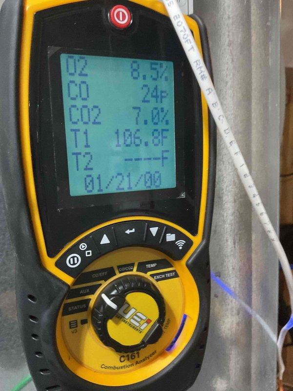 Completed scheduled heating maintenance on two 5-year-old Bryant HVAC units with no reported issues. Performed comprehensive tune-up procedures including combustion analysis testing, which revealed acceptable readings of 8.3% O2, 24 ppm CO, 7.8% CO2, and 108.8°F temperature. Identified and replaced dirty air filter to restore proper airflow and system efficiency.
