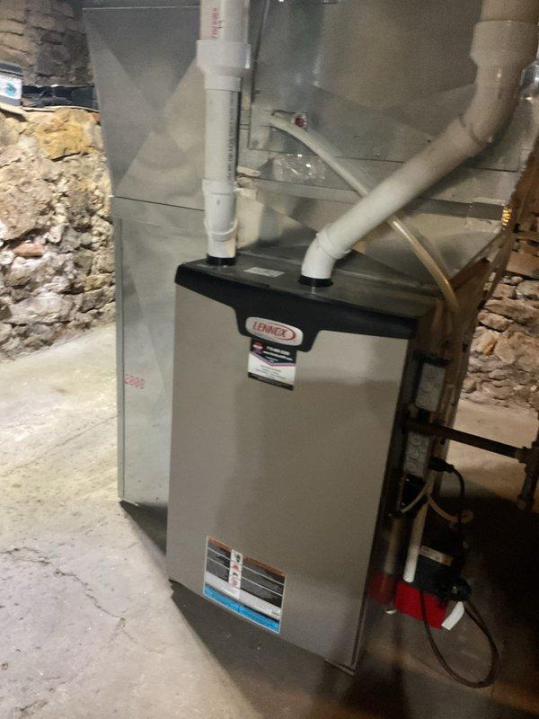 Responded to no-heat call on Lennox furnace system. Replaced defective blower motor assembly under parts warranty, including motor module and wire harness. Verified proper electrical connections, tested system operation across all heating modes, and confirmed adequate airflow through supply ductwork. Unit restored to full operational status with normal heating function.