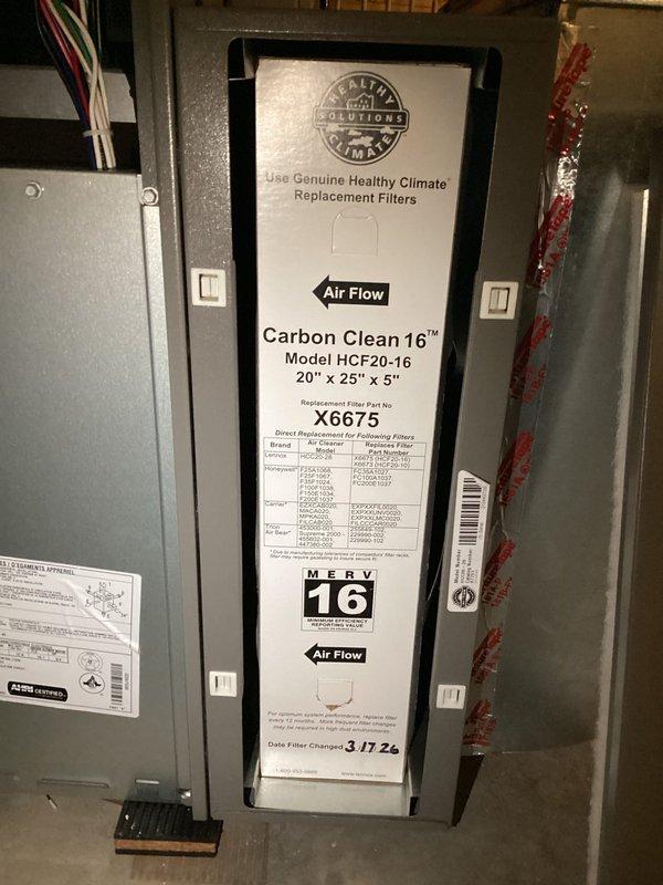 Completed scheduled heating maintenance on Lennox HVAC system as part of family rewards program agreement. Performed comprehensive system inspection and diagnostics using digital multimeter, verified all electrical parameters reading within normal range at 502. System found to be clean and operating efficiently with no issues identified. Confirmed MERV 16 Carbon Clean filter (Model HCF20-16, 20"x25"x5") properly installed and documented filter change date for tracking. All components inspected and system confirmed in good working condition.