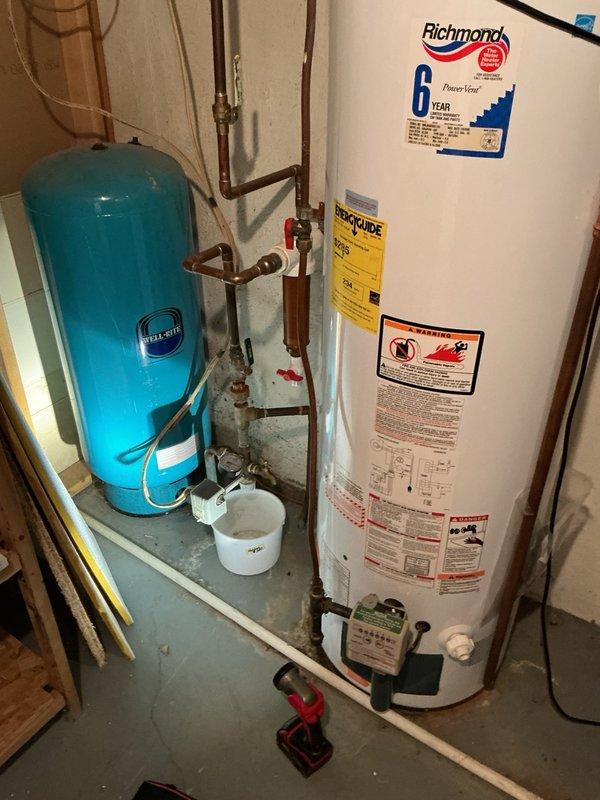 Responded to no water condition at residence serviced by private well system. Upon investigation, determined electrical breaker for well pump would not hold, indicating either faulty wiring or failed pump motor. Assessed basement plumbing infrastructure including pressure tank and water heater connections to rule out issues within the home's distribution system. Due to specialized nature of well pump electrical and mechanical repairs, referred customer to qualified well service company for proper diagnosis and repair of the well pump system.