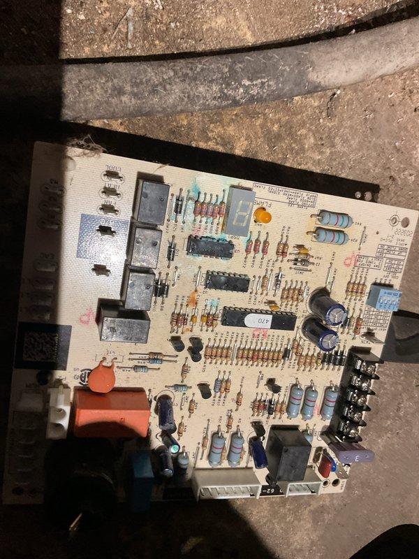 Replaced defective furnace control board under parts warranty. Installed new warranty control board, verified heating operation, and briefly tested cooling system (limited run time due to 50° outdoor temperature). System operational upon completion.