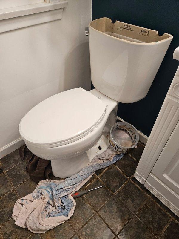 Responded to a toilet malfunction involving multiple component failures. Upon inspection, discovered a continuously running flush mechanism, leaking tank, and severely deteriorated closet flange with completely rusted mounting bolts causing the fixture to wobble. The tank-to-bowl bolts were seized and could not be removed. Due to the extent of deterioration in the low-grade Briggs toilet and compromised flange assembly, performed complete toilet replacement and closet flange repair to restore proper function and ensure secure mounting.