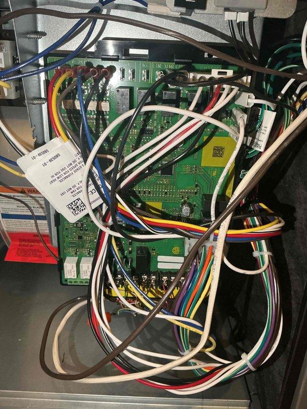Completed warranty control board replacement on HVAC system. Upon initial installation, unit failed to operate properly due to incorrectly configured dip switch settings on the new control board. Returned to site, diagnosed dip switch configuration error, and corrected all switch positions per manufacturer specifications. Verified all wire terminations at terminal block including W, W1, C, R, H, and O connections. System tested and confirmed operational following proper dip switch configuration.