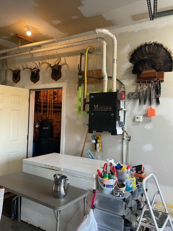 Completed scheduled fall heating maintenance on geothermal system and backup gas-fired Munchkin boiler. Added water to geothermal loop and in-floor heating system, verified all geo components and operation including pressures and temperatures, replaced air handler filter with customer-supplied unit, and tested gas boiler for proper startup and operation.