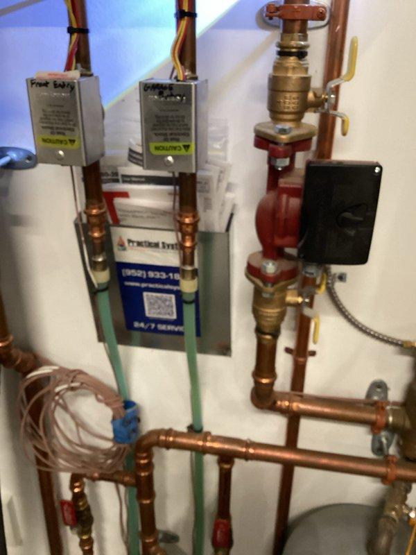 Completed scheduled annual heating maintenance tune-up on furnace system with no reported issues or concerns. Performed standard preventive maintenance procedures including system inspection, filter check, and operational testing. Documented equipment condition with photos of mechanical room plumbing infrastructure and inspection camera readings during routine diagnostic evaluation.