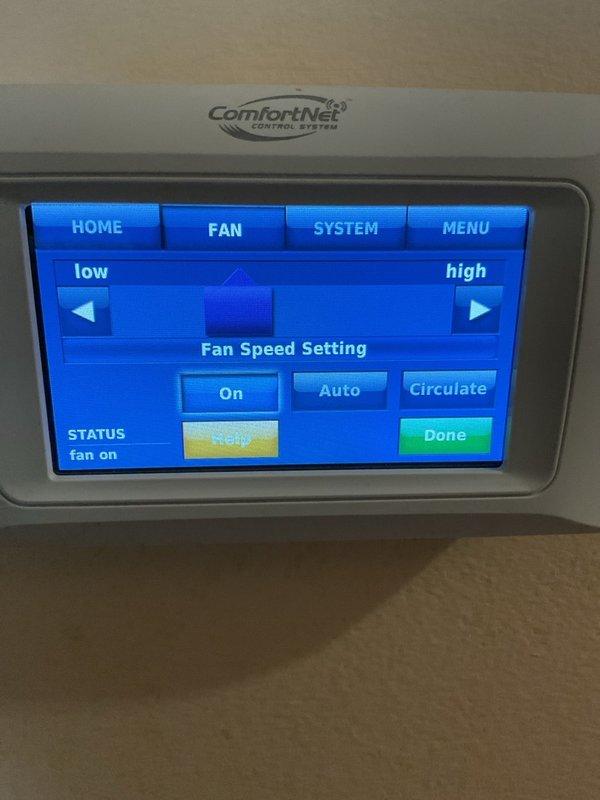 Performed annual maintenance on a 2019 Amana modulating furnace with ComfortNet thermostat system. Verified and corrected thermostat installer setup including heating/cooling temperature limits and fan-off delays, replaced air filter, and confirmed Schedule 40 cellular PVC venting meets manufacturer specifications. System operating properly with no issues identified; homeowner enrolled in maintenance plan.