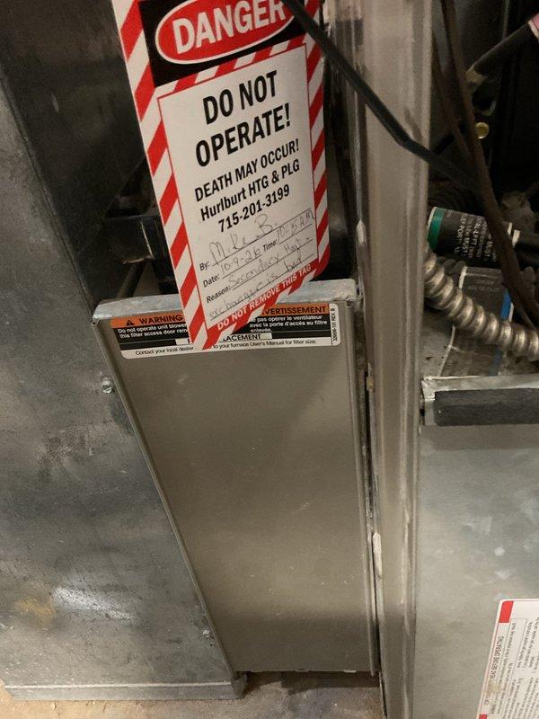 Responded to no-heat call on a 2011 Bryant high-efficiency gas furnace displaying error code 13, which initially started as code 33 before transitioning after three minutes of operation. Upon inspection, identified a failed secondary heat exchanger and tripped rollout limit switch, indicating unsafe operating conditions with potential flue gas spillage. Tagged out the furnace with lockout/tagout procedures to prevent operation due to safety hazard, documented the failed heat exchanger component with photographic evidence, and coordinated with scheduling to arrange follow-up consultation regarding replacement options.