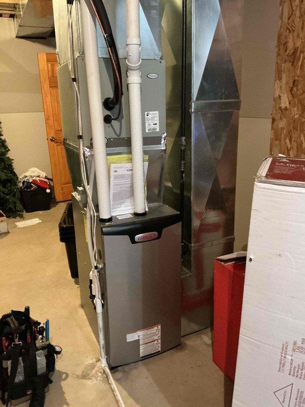 Completed annual heating maintenance on Lennox furnace system. Performed comprehensive tune-up including cleaning flame sensor, verifying proper condensate drainage, and testing all electrical components. Replaced heavily soiled air filter with customer-supplied filter. Conducted startup procedures and verified gas pressure within specifications. Confirmed system operating properly with 55-degree temperature rise across heat exchanger. All settings verified and equipment functioning as designed with no issues found.
