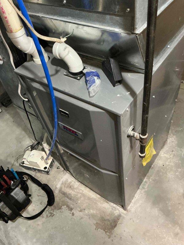 Responded to no heat call on 6-year-old furnace system blowing cold air on first use of heating season. Diagnosed two-stage gas valve malfunction where unit would initiate in first stage but fail to advance to second stage, resulting in premature shutdown and no heat output. Performed complete system inspection and component testing to verify gas valve as root cause of heating failure. Confirmed all other furnace components operating within normal parameters. Replacement gas valve ordered for follow-up installation to restore full two-stage heating operation.