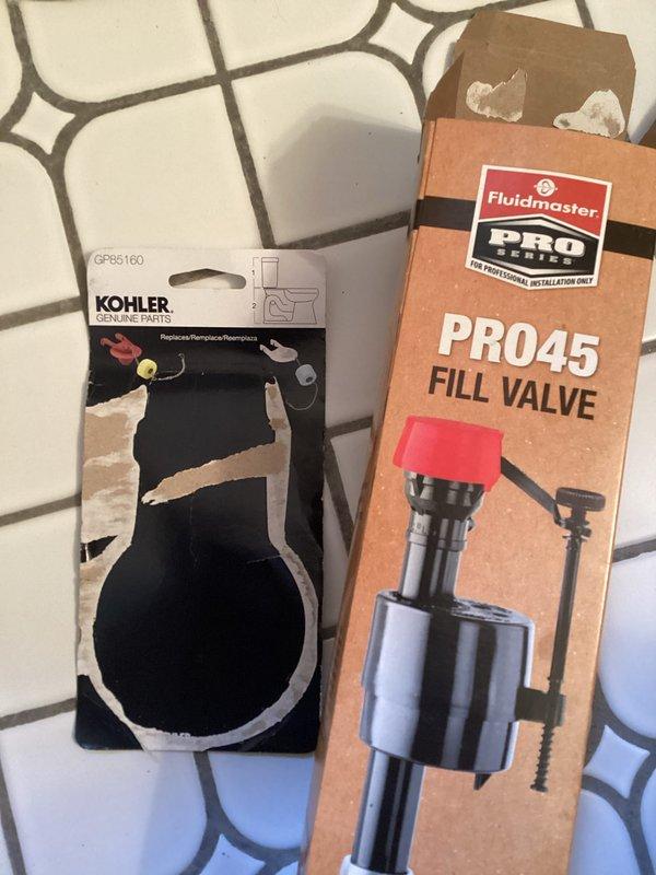 Responded to a continuously running toilet at a residential property. Upon inspection, found the existing fill valve and flapper were worn and causing the constant water flow. Replaced the faulty fill valve with a new Fluidmaster PRO45 professional-grade fill valve, installed a new Kohler GP85160 flapper assembly, and replaced the deteriorated supply line to ensure proper operation and prevent future leaks.
