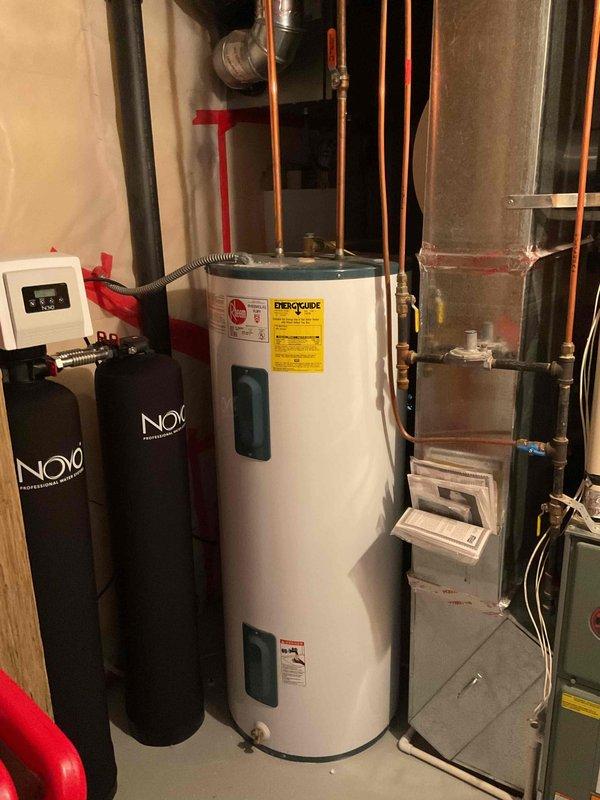 Responded to customer complaint of limited hot water duration and reduced temperature output from tanked water heater. Upon inspection, diagnosed failed heating element as cause of inadequate water heating capacity. Due to age and condition of existing unit, recommended and sold complete water heater replacement rather than element repair. Replaced existing water heater with new unit in basement mechanical room. Installation included proper connections to existing copper supply lines and integration with PEX distribution system. Verified proper operation of new water heater with adequate hot water temperature and recovery time restored.