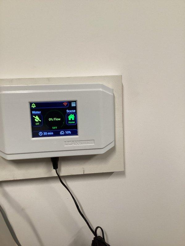 Responded to no water pressure complaint affecting entire home. Upon inspection, discovered LeakSense water management system flow control was in the off position, preventing water flow throughout the property. Restored full water pressure by turning the Watts flow control back to the on position. System pressure gauge readings confirmed normal operation upon completion.
