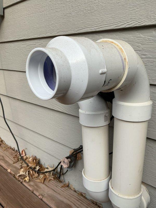 Returned to install diamond cover on intake venting following recent installation where leaves were being drawn into the system. Upon arrival, determined the cover provided was not the correct size for the 3.5" PVC intake pipe. Measured the existing pipe assembly and documented specifications to order properly sized diamond cover, requiring rescheduling to complete the installation once correct part arrives.