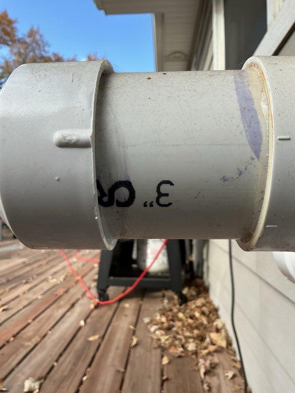 Returned to install diamond cover on intake venting following recent installation where leaves were being drawn into the system. Upon arrival, determined the cover provided was not the correct size for the 3.5" PVC intake pipe. Measured the existing pipe assembly and documented specifications to order properly sized diamond cover, requiring rescheduling to complete the installation once correct part arrives.