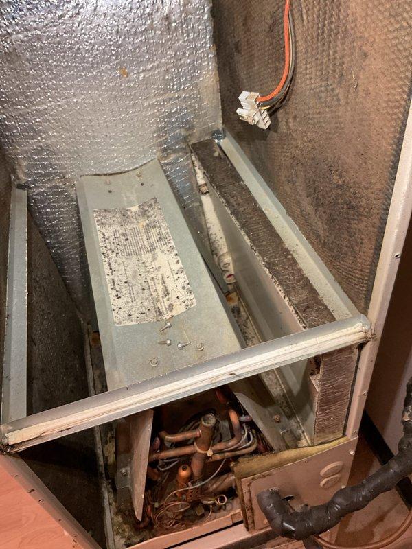 Arrived to perform an AC and furnace tune-up and blower (squirrel cage) cleaning request. Upon inspection, the 24-year-old air handler showed heavy contamination from smoke residue and dark microbial growth on the cabinet interior, insulation, and evaporator compartment. Due to the unit's age and condition, the customer elected to forgo maintenance and pursue system replacement, and a comfort advisor was brought in to evaluate the system and provide replacement options.
