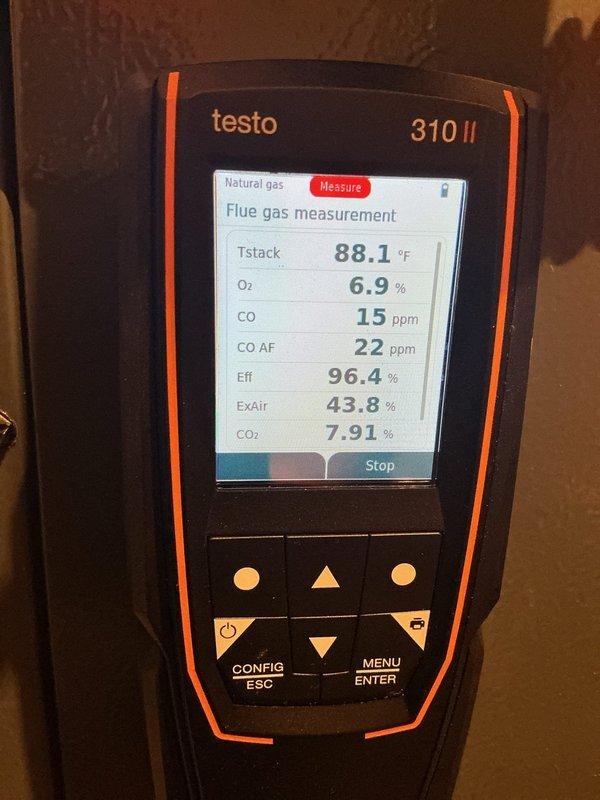 Performed full tune-ups on two gas furnaces, verifying gas manifold pressures, inspecting heat exchangers, cleaning flame sensors, and confirming blower speeds were set for proper CFM airflow. Combustion analysis showed safe CO levels in the flue with efficiency readings of 96.4% and 93.4%, and all components tested within spec and both units are fully operational. Recommended replacing the water panels on the bypass humidifiers and the steam humidifier canister, which is past the manufacturer's annual replacement interval.