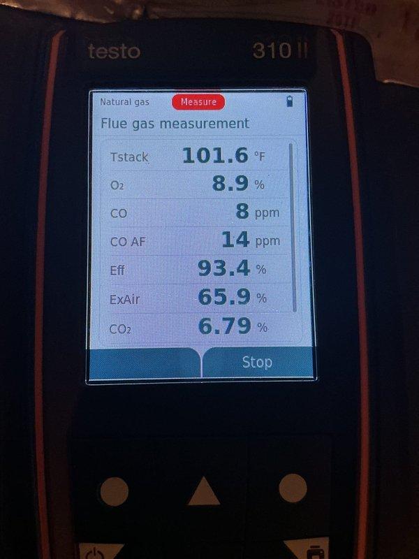 Performed full tune-ups on two gas furnaces, verifying gas manifold pressures, inspecting heat exchangers, cleaning flame sensors, and confirming blower speeds were set for proper CFM airflow. Combustion analysis showed safe CO levels in the flue with efficiency readings of 96.4% and 93.4%, and all components tested within spec and both units are fully operational. Recommended replacing the water panels on the bypass humidifiers and the steam humidifier canister, which is past the manufacturer's annual replacement interval.