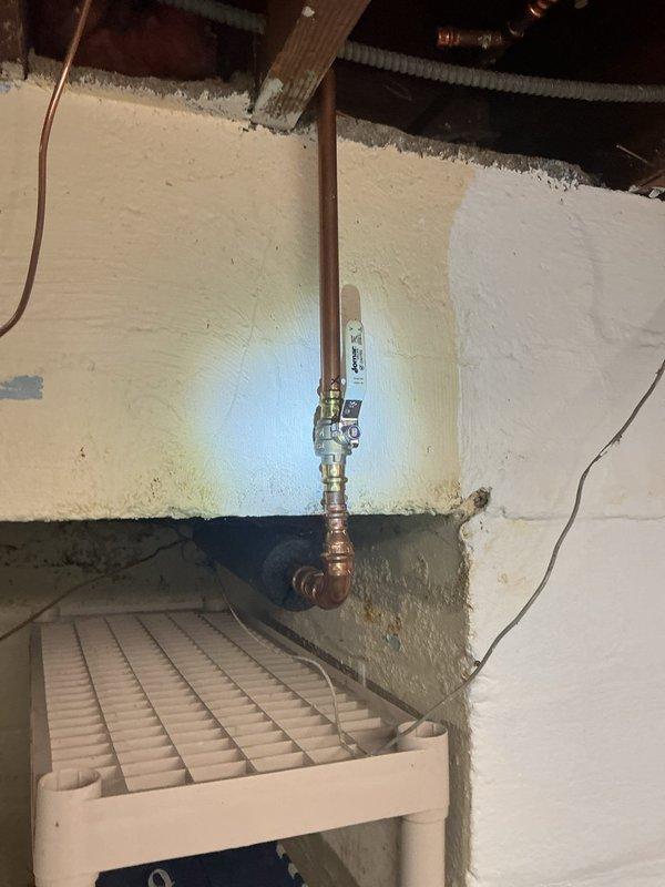 Evaluated the property for the requested garbage disposal installation and determined the disposal was not needed. Inspected the main shutoff, water heater connections, and supply piping, and documented the existing copper and galvanized lines, including an undersized 1/2" main and galvanized bathroom supply lines, as recommended candidates for a full water line repipe.