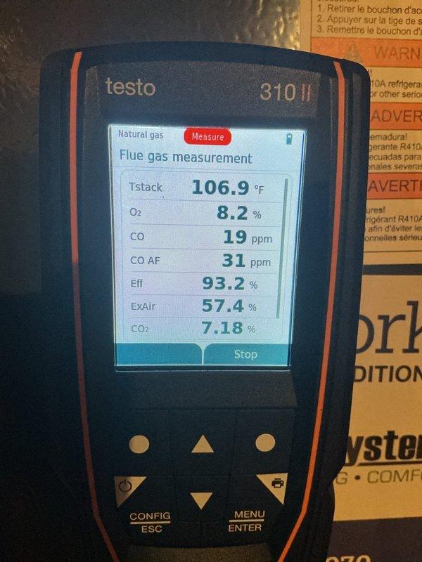 Performed annual heating maintenance on two furnaces: replaced filters, cleaned flame sensors, verified gas pressures in low and high fire, and confirmed safe CO levels in the flue using a flue gas analyzer. Serviced the HRV by replacing the top pre-filter (bottom pre-filter remained clean) and verified humidifier operation. All components tested within specification and systems are fully operational.