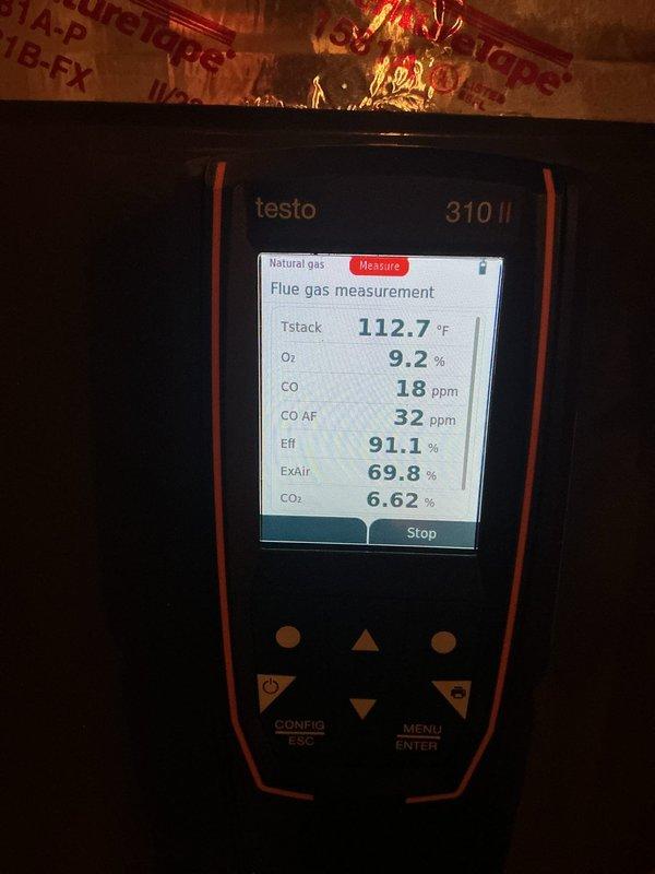Performed annual heating maintenance on two furnaces: replaced filters, cleaned flame sensors, verified gas pressures in low and high fire, and confirmed safe CO levels in the flue using a flue gas analyzer. Serviced the HRV by replacing the top pre-filter (bottom pre-filter remained clean) and verified humidifier operation. All components tested within specification and systems are fully operational.