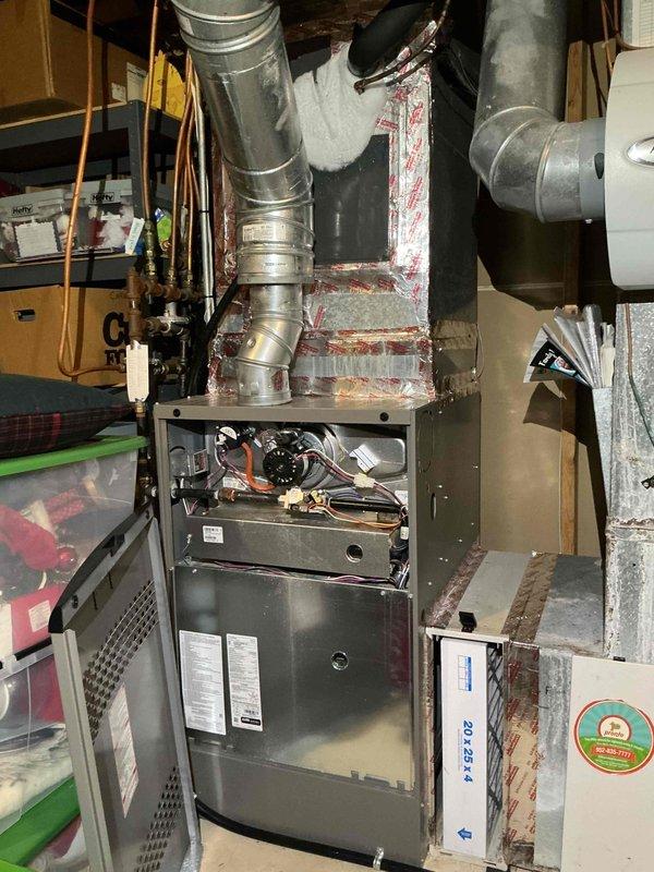Performed seasonal maintenance on two gas furnaces, one under a year old and one approximately 12 years old, with no known operating issues reported. During service on the Lennox unit, the evaporator coil was found frozen; the thermostat was turned off and the blower fan was run in fan-only mode to thaw the coil. Unit-specific inspection details and photos are documented on the attached tune-up forms.