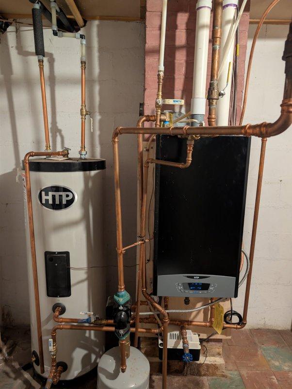 Diagnosed a no-hot-water condition caused by a low-pressure fault (Fill 108) on the HTP boiler, which was preventing the unit from firing and heating the indirect water heater. The existing backflow preventer was stuck and would not allow the system to refill, so it was replaced with a new auto-fill and backflow preventer assembly. System pressure was set to 18 PSI with isolation valves left open, and no leaks were found. The unit was tested and fired correctly on both indirect tank and radiator heat calls, then returned to service with no further issues.