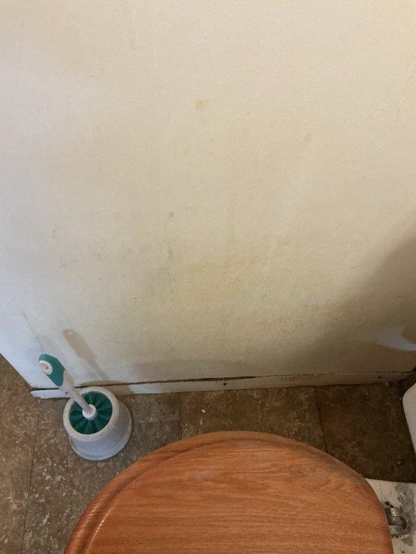 Inspected the basement and downstairs bathroom for the source of reported moisture, checking all plumbing fixtures and the ceiling for active leaks and finding none. Observed staining and discoloration on the bathroom wall and baseboard consistent with mold and mildew caused by inadequate ventilation, as the bathroom exhaust fan has been inoperable. Recommended prompt repair or replacement of the exhaust fan to control moisture and prevent recurrence.