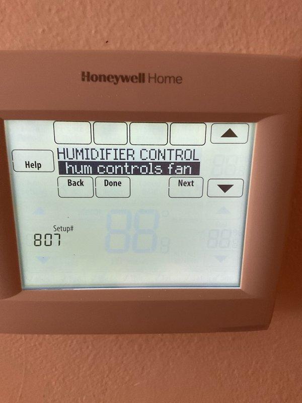 Diagnosed a humidifier that would not energize and found the U1 terminals on the EIM were not functioning. Relocated the humidifier control wiring to the U2 terminals, then reconfigured the Honeywell thermostat's humidifier control settings (setup menu) to assign the new output, restoring humidifier operation.