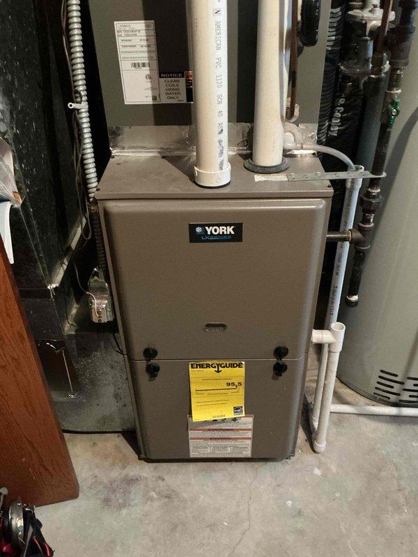 Performed a comprehensive maintenance inspection on a 16-year-old York gas furnace, verifying ignition and flame safety, gas valve, draft motor, control board, blower motor, and amp draws all within normal operating parameters. Combustion analysis and temperature rise were within manufacturer specifications, and the heat exchanger showed no failure but exhibited heat stress around the bends and should be monitored. Replaced the air filter and reviewed available options with the homeowner.