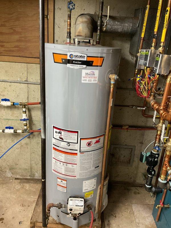 Performed complete flush service on 75-gallon gas-fired State ProLine water heater located in basement. Drained sediment buildup from tank bottom, flushed unit until water ran clear, and inspected all plumbing connections, copper supply lines, and pressure relief valve for proper operation. System returned to full operational status with improved efficiency.