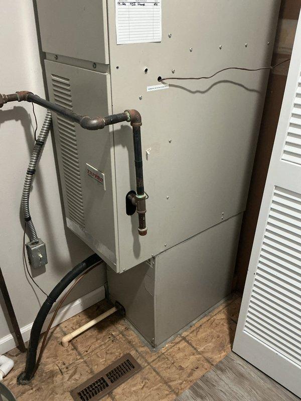 Responded to no cooling call and performed system evaluation. Upon inspection, determined existing Coleman furnace and air handler system required replacement due to failed cooling components. Provided comprehensive estimate for complete HVAC system replacement including new air handler unit, necessary refrigerant lines, electrical connections, and ductwork modifications. Documented existing equipment configuration with furnace installation in utility closet, copper refrigerant lines, and current duct connections to support replacement specifications.