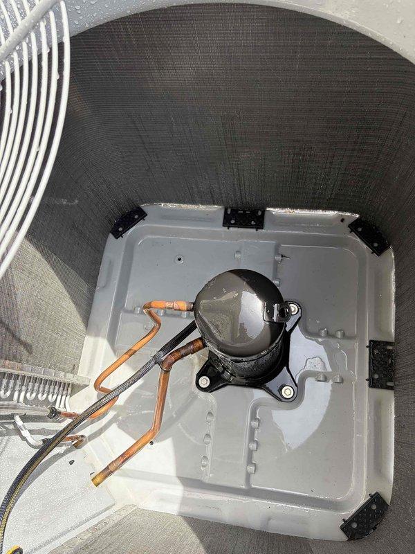 Completed first-time air conditioning maintenance on Carrier outdoor condenser unit. Performed comprehensive system inspection including examination of heat exchanger coils, fan assembly, and refrigerant lines. All components found to be in good operating condition with coils clean and properly functioning. Inspected compressor, motor assembly, and copper refrigerant piping which showed no signs of leaks or deterioration. Verified proper unit placement on mounting pad with adequate clearance for airflow. Fan guard and protective mesh screening intact and secure. Interior drain pan and associated components inspected and found clean with no blockages. System operational and ready for cooling season.
