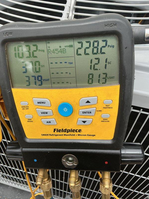 Performed startup and commissioning on two newly installed air conditioning systems. Verified refrigerant charge at 7.66 lbs on Carrier 36SCA448N003 unit, confirmed proper system pressures and temperatures using digital manifold gauges, and documented all operational parameters within manufacturer specifications.