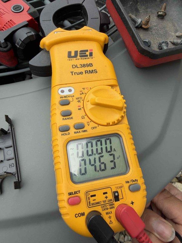 Completed routine air conditioning maintenance inspection on cooling system. Performed electrical diagnostics using digital multimeter, measuring voltage and amperage readings to verify proper system operation and component performance. All measurements fell within manufacturer specifications, confirming system is operating efficiently and ready for continued service through the maintenance agreement period expiring January 2027.