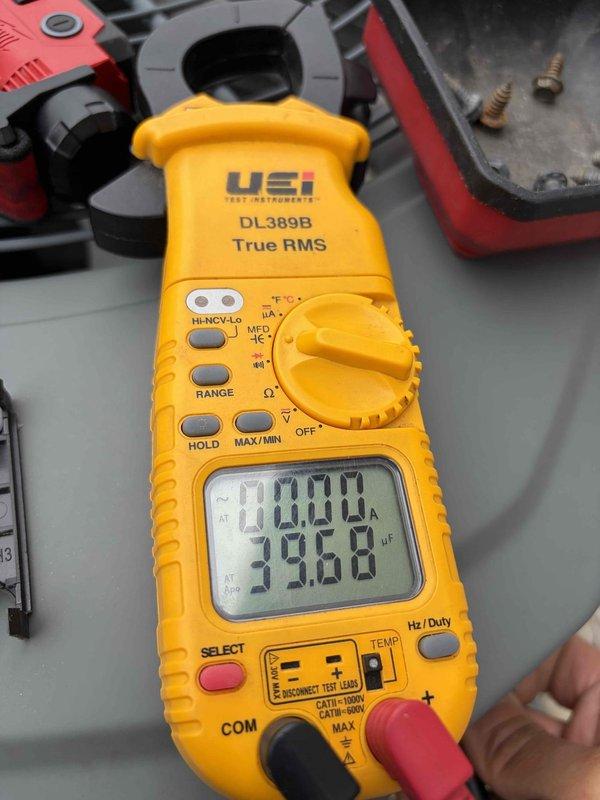 Completed routine air conditioning maintenance inspection on cooling system. Performed electrical diagnostics using digital multimeter, measuring voltage and amperage readings to verify proper system operation and component performance. All measurements fell within manufacturer specifications, confirming system is operating efficiently and ready for continued service through the maintenance agreement period expiring January 2027.
