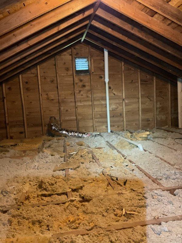 Replaced compromised bathroom exhaust fan vent pipe and rerouted plumbing stack vents in attic that were damaged during previous roof installation. Installed 20 feet of 3" PVC pipe with necessary fittings including couplings, 90-degree elbows, and reducers to properly redirect ventilation and plumbing vents. All vent stacks now properly configured and secured within attic space to ensure adequate airflow and code compliance.