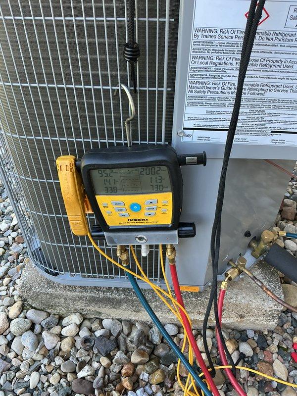 Performed AC start-up on recently installed outdoor condensing unit. Connected digital manifold gauges to service ports and verified system pressures, temperatures, and refrigerant charge levels were within manufacturer specifications. Applied protective spring jacket to unit and confirmed all safety labels and warning placards were properly affixed and legible.