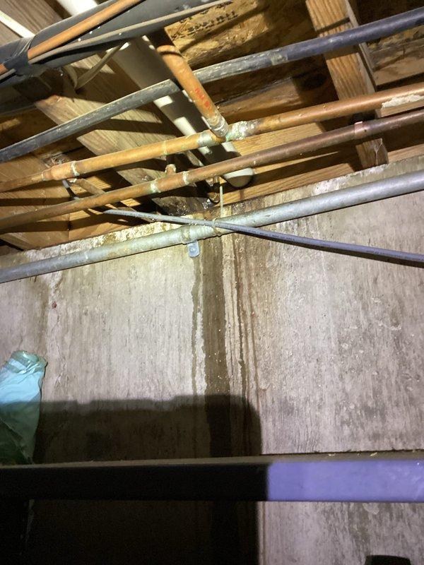 Responded to water leak complaint affecting two fixtures on main floor. Inspected kitchen and bathroom sink drain assemblies and supply connections. Accessed basement/crawl space to examine overhead plumbing infrastructure including copper supply lines, PVC drain lines, and associated pipe supports mounted to floor joists. Identified source of leakage, performed necessary repairs to eliminate water intrusion beneath both sink locations. Verified all connections secure and tested system for proper drainage and absence of further leaks. Work completed successfully with customer payment received.
