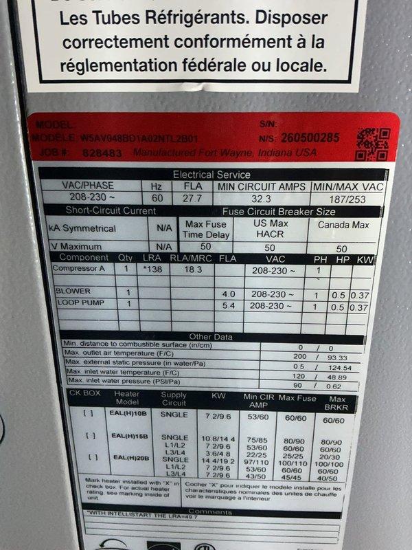 Completed full installation of WaterFurnace 5 Series geothermal heat pump system including model W5AV048BD1A02NTL2B01 4-ton unit with 2-stage compressor, variable speed blower motor, and Cupronickel water coil. Installed IntelliStart technology to reduce start current by 60% for improved compressor performance and reduced electrical demand. Integrated WaterFurnace TPCC32U03WWWAT communicating thermostat with energy monitoring and humidity control capabilities. Added WaterFurnace EAL20B 20kW auxiliary heater for supplemental heating capacity. Installed well water kit configured for 3-step compressor operation and flow center connector kit for proper system integration. Connected all electrical service per manufacturer specifications at 208-230V single phase, 60Hz with proper circuit protection. Mounted unit on concrete pad in basement mechanical room with ductwork connections to existing distribution system. Retained existing filter size for compatibility with current system configurati
