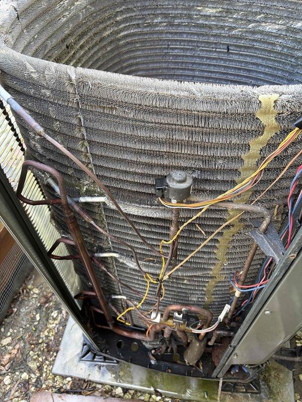 Completed scheduled five-year maintenance inspection on cooling system located in crawlspace. Removed top cover from outdoor condensing unit and found significant dirt accumulation, debris buildup, and biological growth on condenser coil fins, particularly affecting airflow efficiency. Performed thorough coil cleaning to remove environmental contaminants and restore proper heat transfer capability. Inspected and tested electrical connections, wiring terminals, and control components to ensure safe operation. All system components were evaluated and unit was returned to proper working condition.