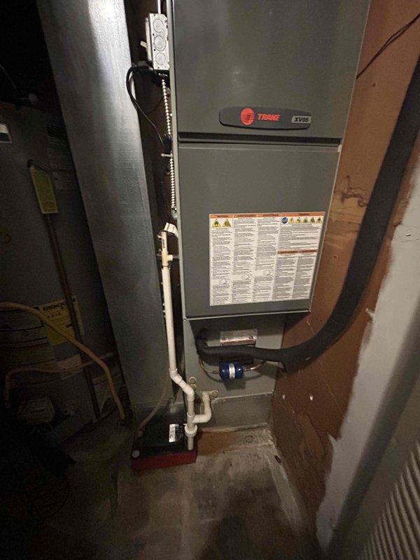 Conducted on-site evaluation of existing HVAC system for replacement estimate. Assessed current Trane XV95 furnace installation in basement utility area, documenting equipment condition, venting configuration with white PVC piping, and condensate drainage system. Evaluated mechanical room layout including spatial constraints and existing infrastructure to determine replacement equipment specifications and installation requirements.