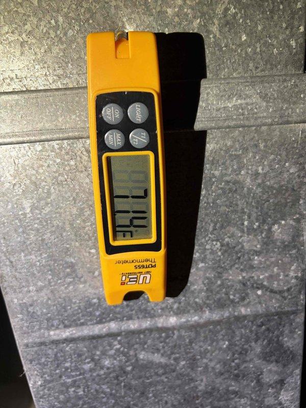 Completed comprehensive air conditioning tune-up service including system inspection and performance testing. Measured and recorded temperature differentials using calibrated digital thermometer at supply ductwork and air handler components to verify proper system operation and cooling capacity. All equipment found operating within normal parameters.