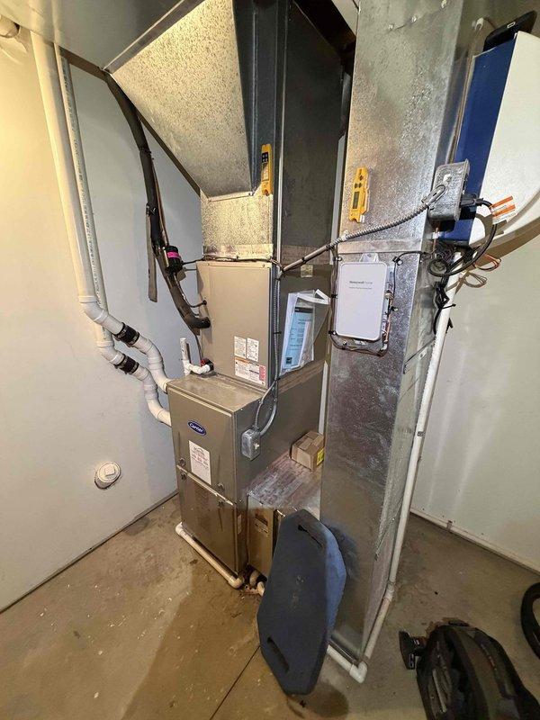Responded to no cooling call on heat pump system. Upon arrival, performed system diagnostics and temperature measurements. Supply air temperature measured at 47.1°F, indicating unit was operating in heating mode rather than cooling mode. Troubleshot thermostat settings and system controls, reversed system operation from heating to cooling mode. Verified proper refrigerant line temperatures and confirmed system restored to normal cooling operation.